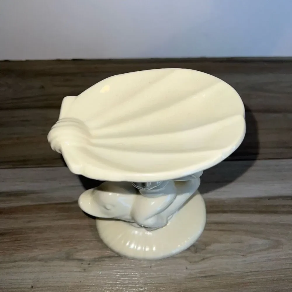 1973 Vintage Holland Mold Ceramic Signed Cherub on Dolphin Soap Dish Holder